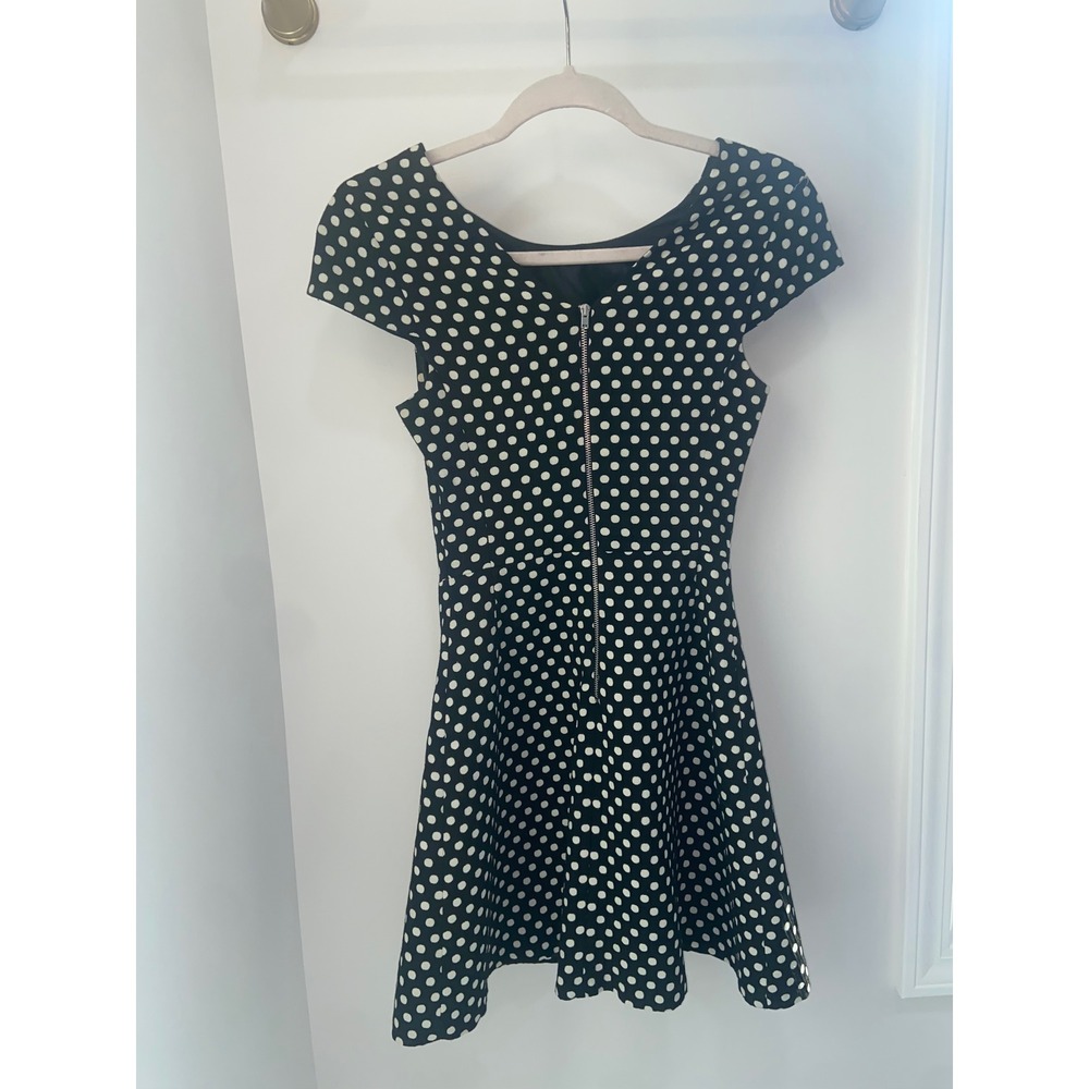 Zara Basic Polka Dot Mini Dress Black White Cap Sleeve Exposed Zipper XS - Picture 3 of 5